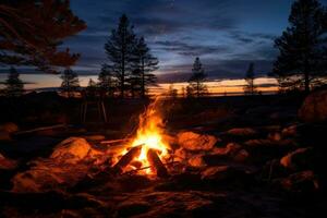 ai generado cámping fuego en el bosque a puesta de sol. hermosa invierno paisaje, un salvaje hoguera en un nacional parque en Suecia, ai generado foto