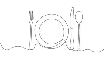 Fork, knife, spoon and plate. Continuous single line drawing of cutlery and utensils for logos, business cards, banners. Vector illustration