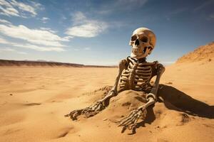 AI generated Human skeleton in the desert. Halloween concept. Selective focus, A skeleton in the desert, Environmental pollution causing the end of the human race, AI Generated photo