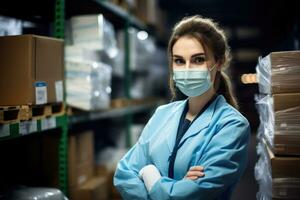 ai generado retrato de confidente hembra personal en protector máscara mirando a cámara en depósito, un joven hembra médico en un médico máscara y guantes trabajando en un depósito, ai generado foto