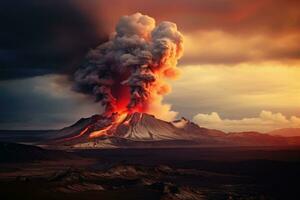 ai generado volcánico erupción en kamchatka, Rusia. hermosa naturaleza fondo, un pequeño volcánico erupción en monte fagradalsfjall, Sur oeste Islandia, ai generado foto