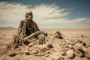 AI generated Skeleton in the middle of the desert, Death Valley, California, A skeleton in the desert, Environmental pollution causing the end of the human race, AI Generated photo