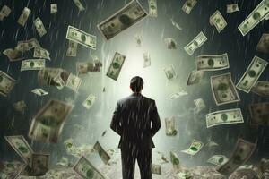 AI generated Businessman standing in rain and looking at falling dollar banknotes, A rearview of a happy and successful man standing under a rain of money, with a lot of dollar banknotes, AI Generated photo