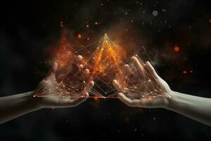AI generated Wireless connection concept with glowing polygonal network on dark background, Hands united together to form lines, triangles, and particle-style design, AI Generated photo