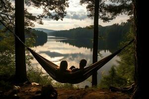 AI generated young couple resting in hammock on a lake shore at sunset, A person wearing virtual reality glasses, immersed in a futuristic, high-tech environment, AI Generated photo