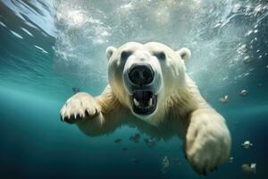 AI generated Ursus maritimus, A polar bear swimming underwater in a playful environment, AI Generated photo
