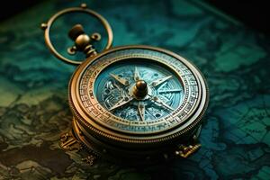 AI generated Compass on old map. Vintage style toned picture. Selective focus, A retro compass that looks like it belongs to a pirate, AI Generated photo