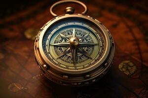 AI generated Compass on old map. Vintage style toned picture with shallow depth of field, A retro compass that looks like it belongs to a pirate, AI Generated photo