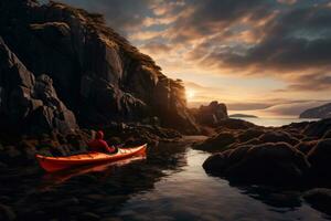 ai generado hombre kayak en el mar a puesta de sol. 3d representación, un rojo kayac y un hombre cámping en costero rocas, ai generado foto