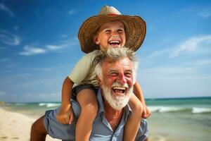 ai generado contento abuelo y nieto teniendo divertido en el playa. concepto de simpático familia, contento mayor hombre y su nieto en el playa a verano, ai generado foto