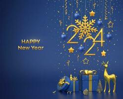 Happy New 2024 Year. Hanging golden metallic numbers 2024 with snowflake, stars, balls on blue background. Gift boxes, gold deer and metallic pine or fir, cone shape spruce trees. Vector illustration.