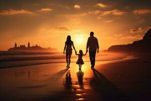 AI generated Silhouette of family holding hands and walking on the beach at sunset, Happy family on sandy beach near sea at sunset, AI Generated photo