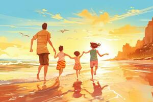 AI generated Happy family walking on the beach at sunset. Summer vacation concept. Vector illustration, Happy family enjoying together on beach on holiday vacation, AI Generated photo