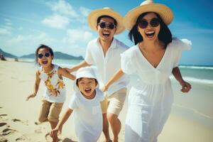 ai generado contento familia teniendo divertido en el playa a el día tiempo. personas teniendo divertido al aire libre. concepto de simpático familia, contento asiático familia a consistente padre, madre hijo y hija foto