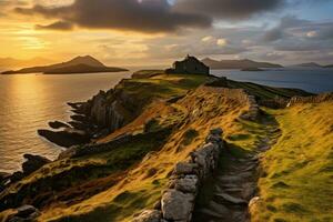 ai generado hermosa puesta de sol terminado el isla de mikines, Feroe islas, un punto de vista desde rebuznar cabeza en valentina isla en el anillo de Kerry en el Sur oeste costa de Irlanda durante un otoño foto