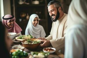 AI generated Muslim family having dinner together at home. Muslim man and woman sitting at table and eating healthy food, Handsome arabian man talking to cheerful multicultural muslim, AI Generated photo