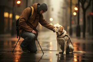 ai generado hombre con un guía perro en el calle a noche en el lluvia, guía perro es Ayudar un ciego hombre, ai generado foto