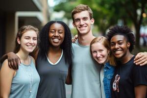 ai generado retrato de contento amigos en pie juntos en el calle a el universidad, grupo foto de contento alegre diverso multirracial colega, ai generado