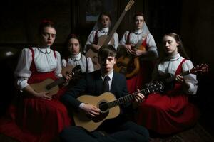 ai generado grupo de joven personas con guitarra en un oscuro habitación. retro estilo, grupo de joven personas realizar calle, ai generado foto