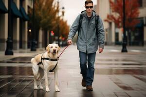 ai generado joven hombre caminando con su Labrador perdiguero perro en el calle, guía perro es Ayudar un ciego hombre, ai generado foto