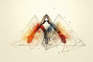 AI generated Hands of man and woman with abstract polygonal background, Hands united together to form lines, triangles, and particle-style design, AI Generated photo
