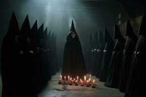 AI generated Conceptual image of woman in black death costume with candles in the dark, A secret society meeting plotting a conspiracy, AI Generated photo