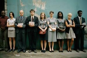 AI generated Group of business people standing in a row and looking at the camera, Group of individuals waiting in line for a job interview, AI Generated photo