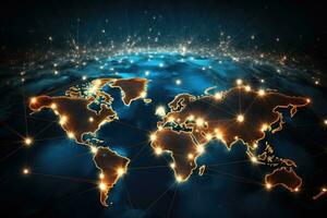 AI generated World map glowing on dark background. Global network concept. 3D Rendering, Global networking and international communication symbolized by a world map, AI Generated photo