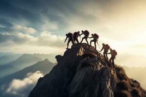 ai generado grupo de escaladores en el parte superior de el montaña. alpinismo en el montañas, grupo de personas en un pico montaña escalada, ayudando en trabajo en equipo, ai generado foto