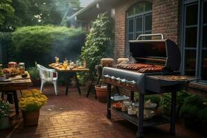 AI generated Outdoor barbecue in the garden at night time. Selective focus, Grilling in the Backyard, AI Generated photo