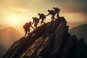 ai generado grupo de caminantes alpinismo en parte superior de un montaña a puesta de sol. concepto de activo estilo de vida, grupo de personas en un pico montaña escalada, ayudando en trabajo en equipo, ai generado foto