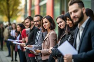 AI generated Group of business people walking in the street. Successful business people, Group of individuals waiting in line for a job interview, AI Generated photo