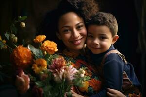 ai generado retrato de madre y hijo con ramo de flores de flores a hogar, agradecido étnico madre con ramo de flores abrazando hijo, ai generado foto