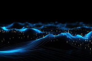 AI generated Futuristic technology wave background. Big data visualization. Graphic concept for your design, Glowing blue lines and an abstract data system on a black background representing photo