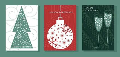 Christmas cards set. Modern design vector template geometric shapes text seasonal holidays.