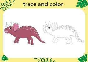 Trace and color the cartoon dinosaur. Handwriting practice for kids. Educational worksheet for children. Printable worksheet. Vector illustration.