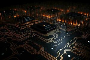 AI generated Closeup of electronic circuit board with microchips. 3d rendering, Futuristic technology wallpaper with digital waves and circuit board patterns against a black background, AI Generated photo