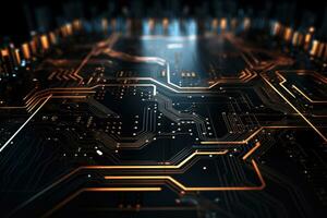 AI generated Circuit board background. Technology and science concept. 3D Rendering, Futuristic technology wallpaper with digital waves and circuit board patterns against a black background, photo