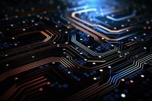 AI generated Circuit board close up. Technology background. 3d rendering abctract, Futuristic technology wallpaper with digital waves and circuit board patterns against a black background photo
