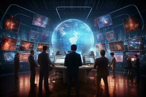 AI generated Back view of business people working in modern office with planet hologram, Futuristic cyber security workspace with a team, AI Generated photo