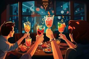 AI generated Hands clinking glasses with drinks at bar, vector illustration, Friends toasting with cocktails in the bar, no face, AI Generated photo