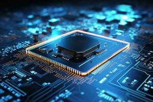 AI generated Circuit board with microchips close up. 3d rendering, Futuristic circuit board and microchip with a glowing data transfer board, AI Generated photo