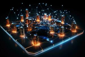 AI generated Smart city on a digital globe. 3d rendering toned image double exposure, Futuristic business management system and network line hologram, AI Generated photo