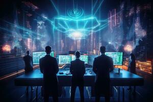 AI generated Back view of three businesspeople working on computers against night cityscape, Futuristic cybersecurity workspace with a team of security professionals collaborating, AI Generated photo