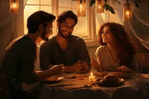 ai generado contento joven Pareja gasto hora juntos a mesa en habitación decorado con luces, amigos rotura rápido juntos con fechas, ai generado foto