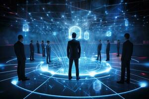 AI generated Back view of businesspeople standing in front of digital interface with binary code, Futuristic business management system and network line hologram, AI Generated photo