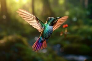 AI generated Beautiful hummingbird in flight with outstretched wings. Wildlife scene from tropic jungle. Hummingbird in flight with outstretched wings. Wildlife scene from tropic jungle, AI Generated photo