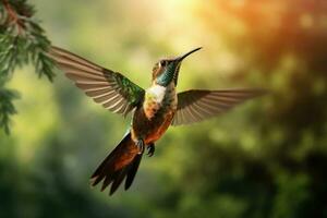 AI generated Male Ruby-throated Hummingbird archilochus colubris in flight, Flying hummingbird with green forest in background, Small colorful bird in flight, AI Generated photo