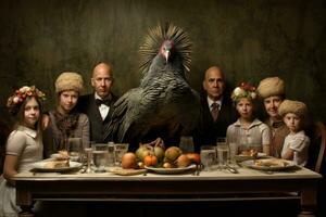 AI generated Vintage portrait of a happy family at the table with a turkey, family thanksgiving with turkey, AI Generated photo