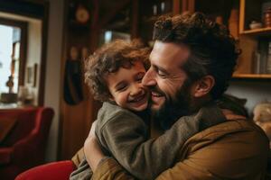 ai generado contento padre y hijo abrazando y riendo a hogar en acogedor vivo habitación, padre abrazando alegre hijo a hogar, ai generado foto